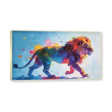 Imagem de NHLDZYH Moldura dourada. Arte abstrata de respingos de leão, pintura colorida de animais em tela, decoração de parede expressiva moderna para sala de estar ou escritório. A96. 50 x 90 cm - 19,7 x 35,5