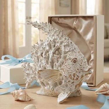 Imagem de BGBWBFBR Escultura realista de peixe-anjo de recife de coral - decoração de praia e litoral de resina resistente, ornamento de peixe branco para mesa, prateleira, parede, mesa - presente com tema de