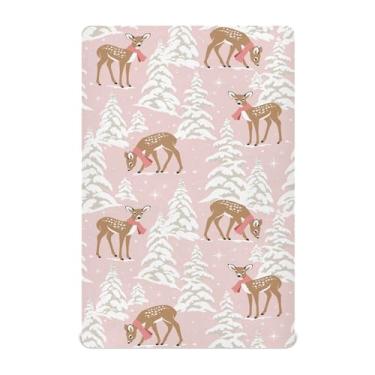 Imagem de KICPOAY Lençóis de berço de Natal com floco de neve com floco de neve, elástico, portátil, para bebês e crianças, mini colchão de berço macio e respirável 132 x 71 cm para meninos e meninas