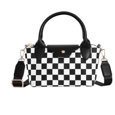Imagem de KZBHHP Bolsas de mão para mulheres pequena bolsa transversal mini bolsa tiracolo de nylon quadriculada para mulheres linda bolsa feminina, Xadrez preto e branco, Small, Moderno e moderno