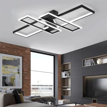 Imagem de Luminária de teto LED moderna com moldura retangular, preta, dimerizável com controle remoto, para sala de estar, hall de entrada, escritórios e sala de jantar (120 cm).