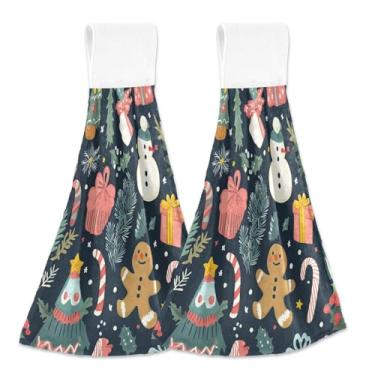 Imagem de Blueangle 2 peças de toalhas de gravata para pendurar biscoitos de gengibre toalha de mão de cozinha absorvente de veludo coral macio pano para cozinha banheiro (632)