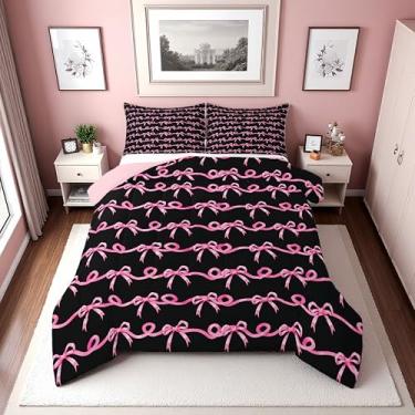 Imagem de Erosebridal Conjunto de cama King com laço preto e rosa | Conjunto de edredom com laço de fita rosa para meninas e crianças, lindo conjunto de cama listrado, gravata borboleta de princesa, decoração