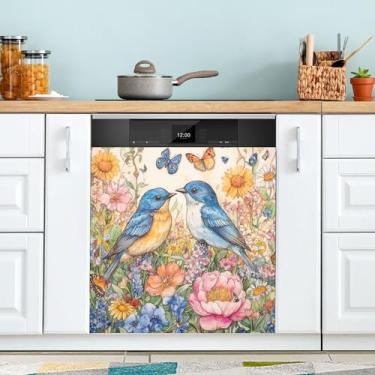 Imagem de xigua Flores vibrantes e pássaros azuis, capa magnética para lava-louças, adesivos magnéticos decorativos antiarranhões para painel de geladeira e lava-louças, decoração personalizada de cozinha