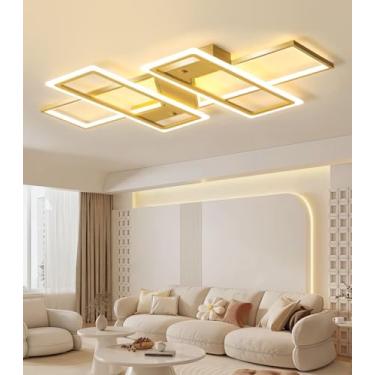 Imagem de Luminária de teto LED moderna para quarto, super brilhante, 4x4, dimerizável, com controle remoto, em acrílico, para sala de estar, sala de jantar e escritório (dourada, 120cm*80cm)