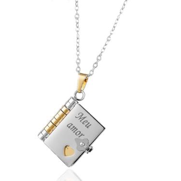 Imagem de FLORA Colar com pingente de mini livro em formato de coração que se abre corrente para clavícula colar com pingente de livro gravado colar em aço titânio moderno e versátil (Meu amor, Prata)