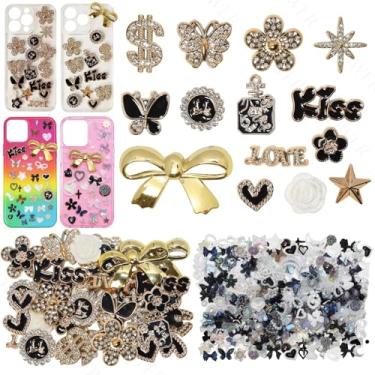 Imagem de 380 peças Magic Junk Case Charms Kit, Punk Big Junk Phone Cases Charm, Mixed Black Flatback Resina Coração Estrela Arco Flor Berloques para personalizar capa de telefone DIY Artesanato