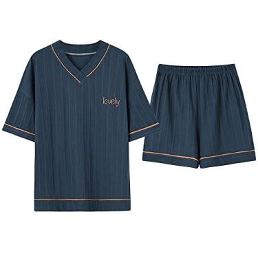 Imagem de 3FLQOOPP Conjunto de pijama feminino manga curta gola V roupa de dormir casual tamanho grande roupa de casa (azul escuro 1X)