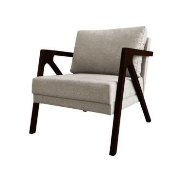 Imagem de Poltrona Sala De Estar Base Madeira Maciça Monique Castanho Bege Linho