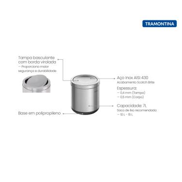 Imagem de Lixeira Inox Tramontina Cápsula Basculante com Acabamento Scotch Brite e Base em Polipropileno 7 L