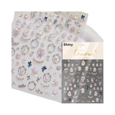 Imagem de Adesivos De Unha 5D Retrô Preto E Branco Com Laço De Renda E Urso Fofo