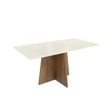 Imagem de Mesa Para Cozinha Lótus Com Tampo Madeirado Com Vidro 90x180cm Nogueira Off White Vidro Off White Kappesberg