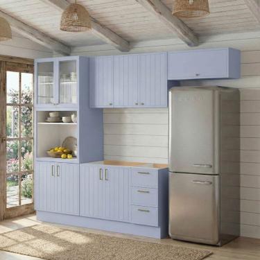 Imagem de Cozinha Modulada 5 Peças 2 Aéreos 2 Balcões sem Tampo 1 Cristaleira Marselha Cabecasa Madeiraoriginals Azul Sereno