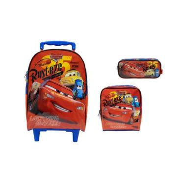 Imagem de Kit Escolar Carros Mochila de Rodas + Lancheira + Estojo