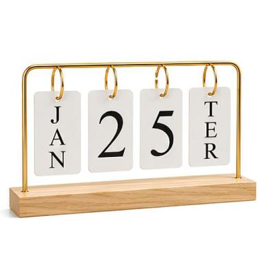 Imagem de Calendário Permanente Mesa Madeira Metal Aramado Dourado Organização H