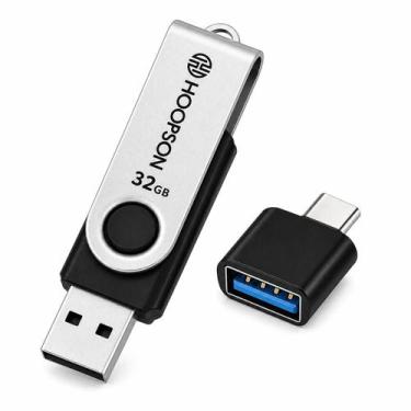 Imagem de Pen Drive Hoopson 32GB, USB 2.0, Metal, com Adaptador OTG USBC, Prata 