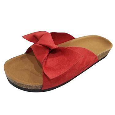 Imagem de Sandálias femininas elegantes de verão com laço, chinelos, sandálias rasas, grossas, salto de praia, parte inferior, chinelo feminino, Vermelho, 10