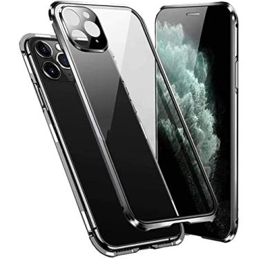 Imagem de KKFAUS Capa de vidro flip magnética para Apple iPhone 11 Pro (2019) 5,8 polegadas, tampa frontal e traseira de vidro temperado transparente com protetor de lente de câmera (cor: preto)