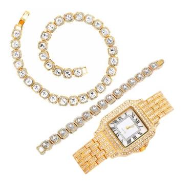 Imagem de NUAYA 3 peças pulseira colar relógio 12 mm corrente strass moda hip hop bling Iced Out relógio para mulheres marca de luxo diamante quartzo relógios de pulso conjunto de joias, Strass, Zircônia cúbica
