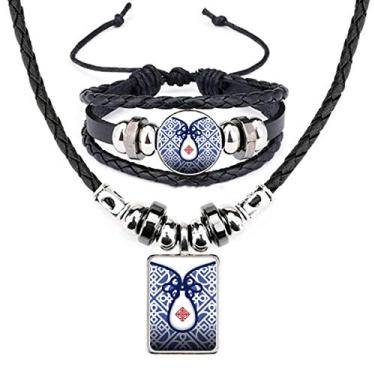 Imagem de Colar de couro com linha de flor azul da cultura chinesa conjunto de joias