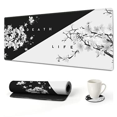 Imagem de AIMSA Mouse pad estendido para jogos, tapete de mouse com teclado grande GG tapete de mesa com bordas costuradas, mousepad de base antiderrapante durável para home office, 88,9 x 40,9 cm, preto branco flor de cerejeira