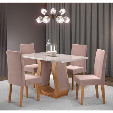 Imagem de Conjunto Sala de Jantar Mesa Inovare 120x80cm Tampo Vidro/mdp com 4 Cadeiras Venus Mel/Off White/Rosa