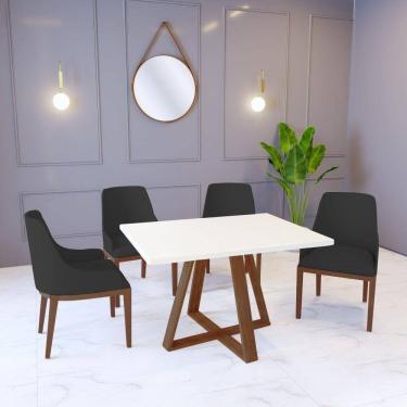 Imagem de Mesa De Jantar Pérola 1,2m Off White Com 4 Cadeiras Elisa Veludo Preto Madeira Maciça Imbuia