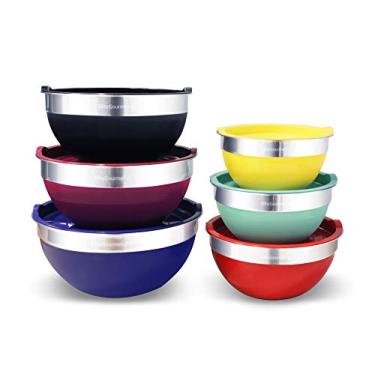Imagem de Elite Gourmet by EBS-0012 Tigelas de mistura empilháveis coloridas de aço inoxidável com tampas herméticas (conjunto de 6) Armazenamento de alimentos para economia de espaço, cozimento, chocolate