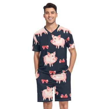 Imagem de KLL Conjunto de pijama masculino com estampa de porco, vermelho, 2 peças, pijama de manga curta com bolsos, Porco, desenho fofo, vermelho, Small