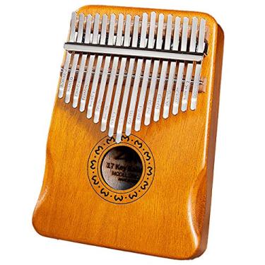 Imagem de Piano de polegar Kalimba de 17 teclas, Kalimba corpo de madeira maciça de mogno, xilofone portátil Mbira Sanza, piano de dedo para amantes da música, (18 cm x 13 cm) protetor de mão amarelo