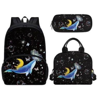 Imagem de Tomeusey Mochila Whale Butterfly Moon para meninas e meninos e crianças grande capacidade para escola primária, 3 peças, mochila escolar com lancheira isolada, estojo para lápis