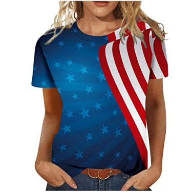 Imagem de Blusa feminina longa com estampa da bandeira dos EUA para verão outono manga 3/4 gola redonda blusas femininas 2024, W-890 Azul royal, G