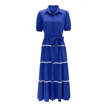 Imagem de Vestido feminino solto manga longa cor sólida vestido maxi camisa 2023 chiffon rodado vestido midi longo, B1 - azul, XXG