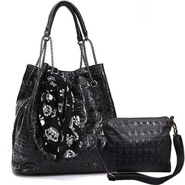 Imagem de BelonYou 2 peças kull bolsas e bolsa punk gótica Hobo bolsa de ombro PU couro preto bolsa transversal Satchels, Preto, One Size