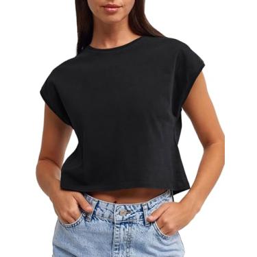 Imagem de Tankaneo Camisetas femininas casuais de manga cavada de algodão cropped gola redonda solta básica, Preto, GG