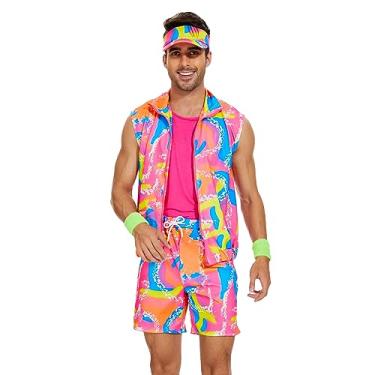 Imagem de 5 peças Ken 80s traje de treino Halloween cosplay roupas de casais roupa de banho traje de banho regata colete shorts de praia viseira de sol pulseiras 80 e 90 roupa de treino roupa de festa para homens adultos (rosa, P)