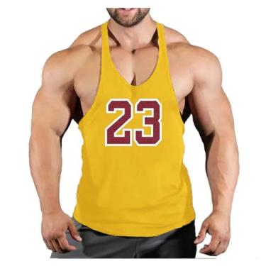 Imagem de Camiseta regata masculina gola redonda cor sólida costas nadador número impresso emagrecedor camiseta muscular, Amarelo, M