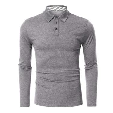 Imagem de Camisa polo masculina gola aberta meia frente botões pulôver cor sólida manga longa clássica, Cinza-claro, P