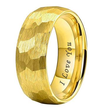 Imagem de TUTISS Anéis de carboneto de tungstênio martelados em ouro preto e ouro rosa, 6 mm, 8 mm, para homens e mulheres, alianças de casamento com gravação "I Love You", ajuste confortável, Metal não