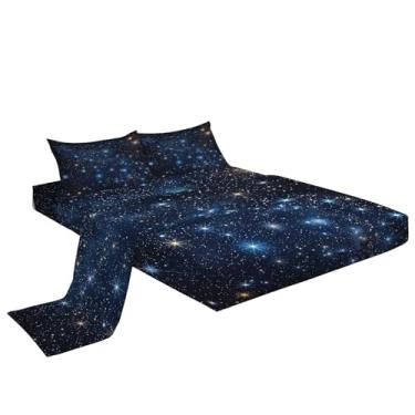 Imagem de Eojctoy Jogo de lençol ultramacio com tema de céu estrelado azul estrelado de 4 peças, fácil de cuidar com lençol casal com bolso profundo de 40,6 cm, confortável e respirável ajustado para casa