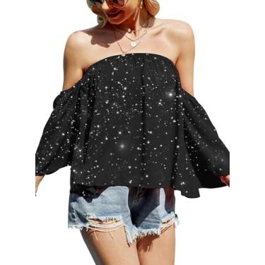 Imagem de Blusas femininas de verão com ombros de fora, manga curta, sexy, chiffon, babados, camiseta casual, Z New Sequin Glitter Preto, P