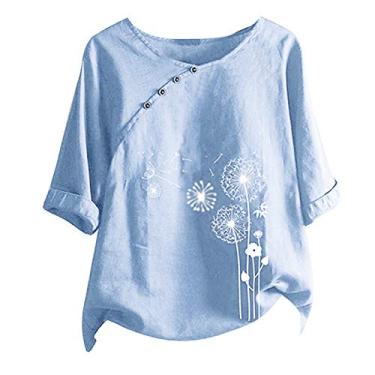 Imagem de Camisetas femininas de linho para treino, plus size, gola redonda, manga curta, mistura de algodão, Ofertas relâmpago azul claro, G