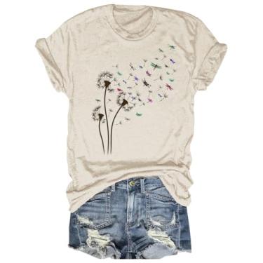 Imagem de Camisetas femininas com estampa de dente-de-leão para meninas adolescentes e amantes de flores silvestres, Libélula - bege, P
