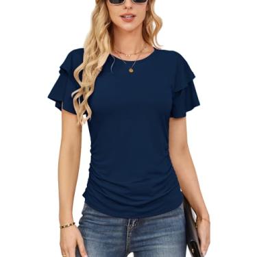 Imagem de GRACE KARIN Camisetas femininas básicas de verão 2024 manga com babados elegantes blusas casuais de trabalho franzidas, Azul marinho, XXG