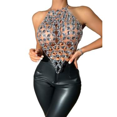 Imagem de SHENHE Top feminino aberto nas costas sexy diamante corpo frente única frente única rave camisa clube top, Prata, P