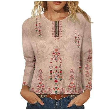 Imagem de Camisetas femininas de outono de manga comprida gola redonda elegantes com estampa floral casual camiseta estampada de algodão, Caqui, XXG