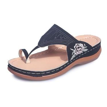 Imagem de Sandálias femininas casuais confortáveis, moda primavera e verão, sandálias planas de metal com letra de metal para correção do pé, para chinelos de caminhada com correção de joanete(Dark blue,35 EU)