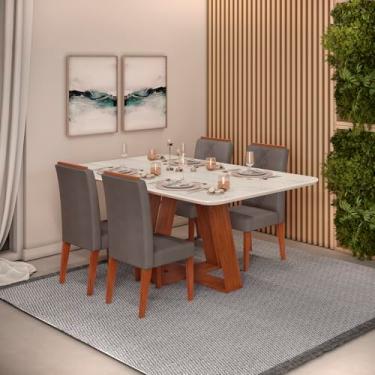 Imagem de Conjunto Sala de Jantar 4 Cadeiras Tampo Sem Vidro 170x90 Dj Móveis Kiara Freijó Quartzo Yasmin Veludo Lunar