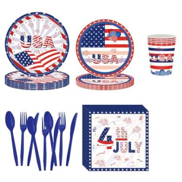 Imagem de 168 peças de artigos de festa patriótica, conjunto de utensílios de mesa com bandeira americana, pratos descartáveis patrióticos, guardanapos, copos, faca, garfo e colher para decoração de festa