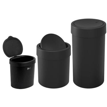 Imagem de Kit de Lixeiras para Banheiro e Cozinha Basculante Preto 2,5L 5L e 9L 3 peças - Coza